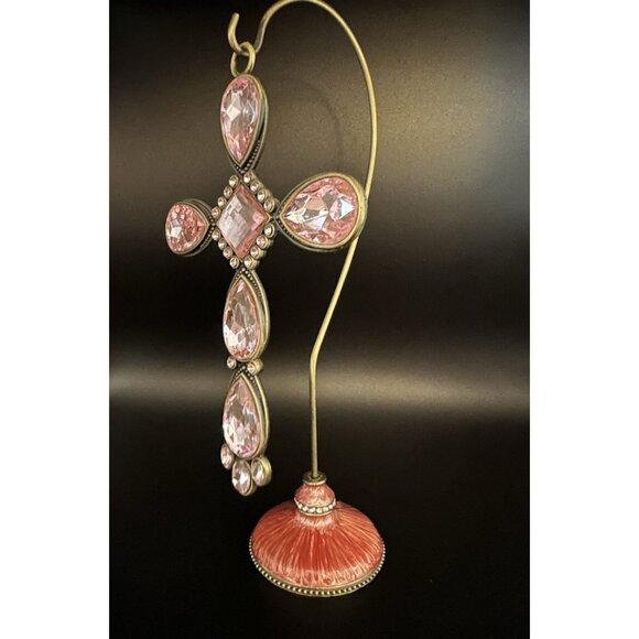 Kirklands Pink With Gold/Brass Colored Stone Cross With Pink/Metal Stand Holder - Picture 1 of 16